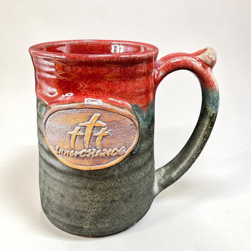 InnerCHANGE Studio Pottery Mug Red Grey Drip Glaze Signed Cross Medallion 4.5in